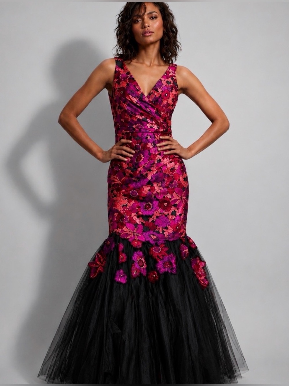 BADGLEY MISCHKA Runway Floral Jacquard Tulle Mermaid Maxi Dress Size 8